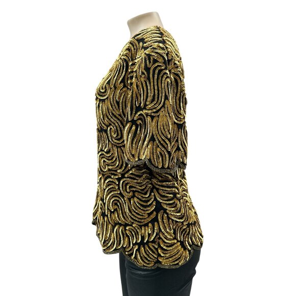Vintage Royal Feelings Gold Beaded Sequin Blouse Silk Blend Short Sleeve Women L - Picture 4 of 10